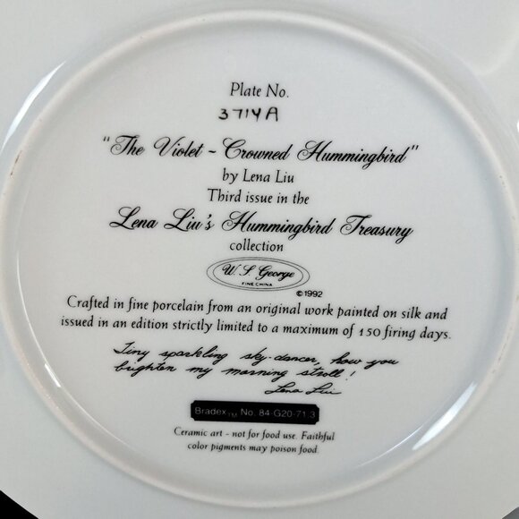W L George Fine China "The Violet~ Crowned Hummingbird" Plate by Lena Liu 8" - Picture 4 of 10